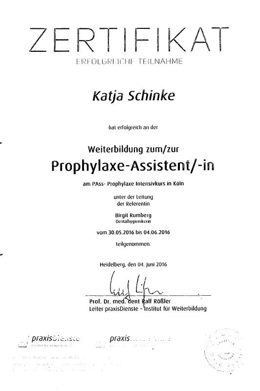 Urkunde Prophylaxe-Weiterbildung